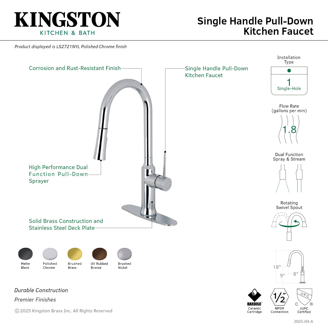 Kingston Sona LS2723NYL - New York Single-Handle Pull-Down Kitchen Faucet, Brushed Brass — thumbnail 2